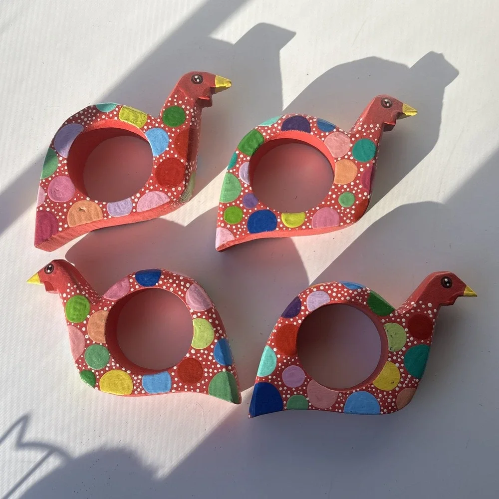 Set of 4 Vintage Hand Painted Wooden Bird Napkin Rings Red Polka Dot Folk Art